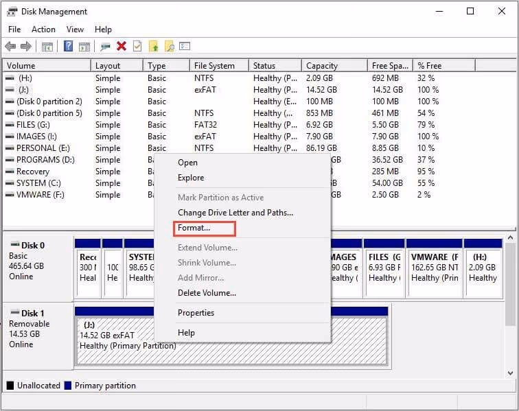 Use Disk Management tool to change exFAT to FAT32 