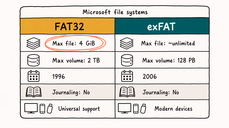 Chart comparing FAT32 and exFAT file limits, age, journaling, and support