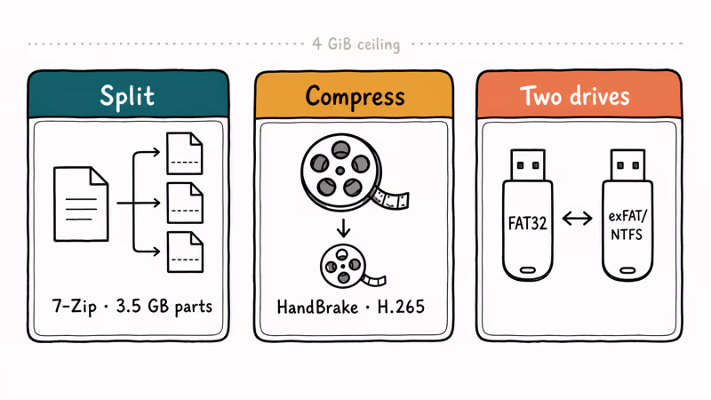 Three FAT32 workaround cards for split files, compression, and dual drives
