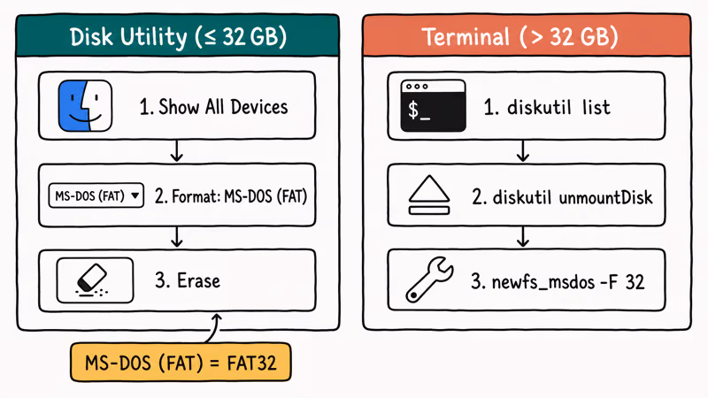 Two macOS lanes for Disk Utility and Terminal format commands