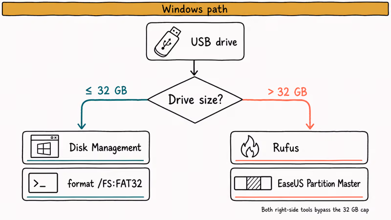 Decision diagram routing Windows drives to Disk Management, Rufus, or partition software
