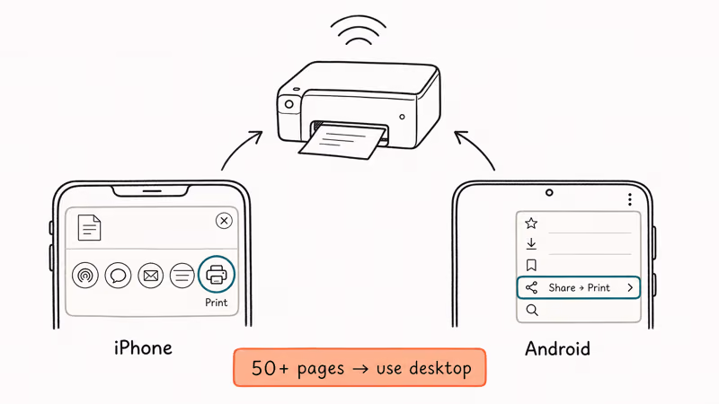 Phones sending Facebook archive to wireless printer through share sheet menus