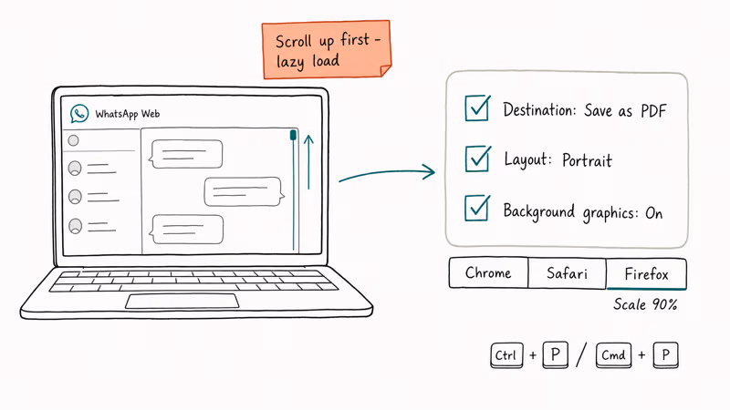 Laptop showing WhatsApp Web with Save as PDF print dialog