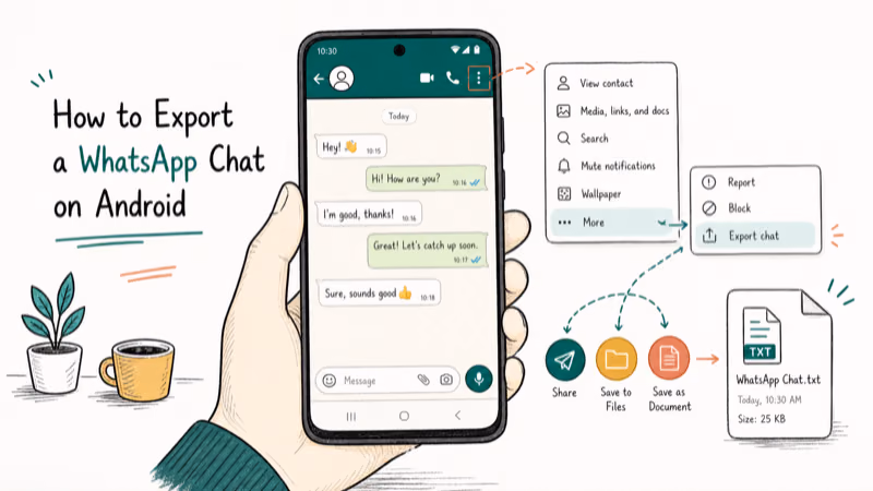 Hand-drawn illustration: How to Export a WhatsApp Chat on Android
