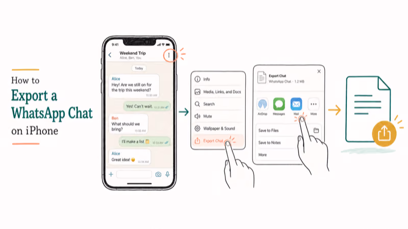 Hand-drawn illustration: How to Export a WhatsApp Chat on iPhone