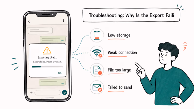 Hand-drawn illustration: Troubleshooting: Why Is the Export Failing?