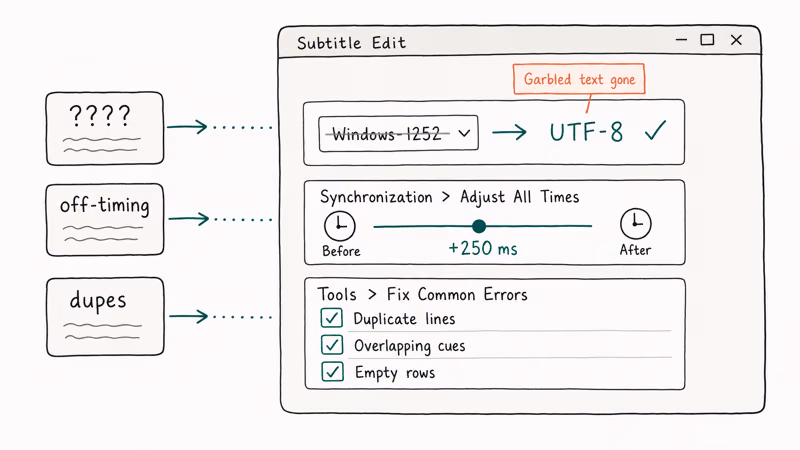Hand-drawn Subtitle Edit window showing UTF-8 encoding switch timing slider and fix common errors checklist