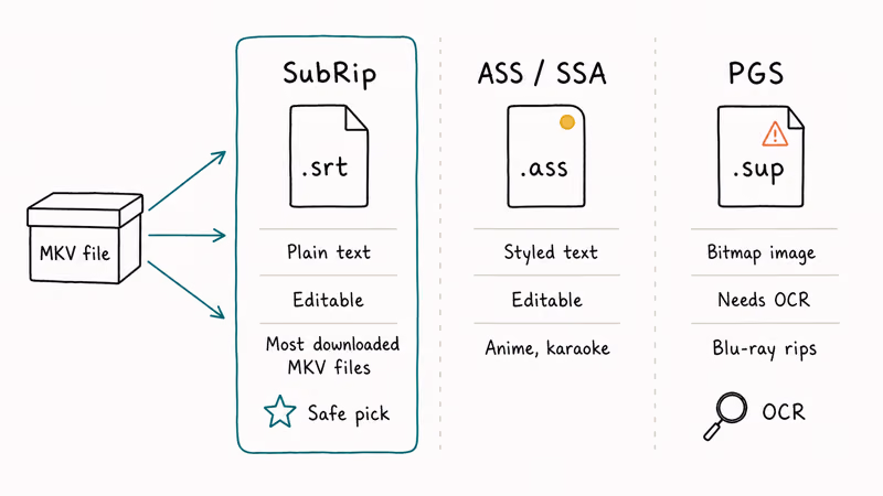 Comparison of SRT ASS and PGS subtitle formats with editability tags