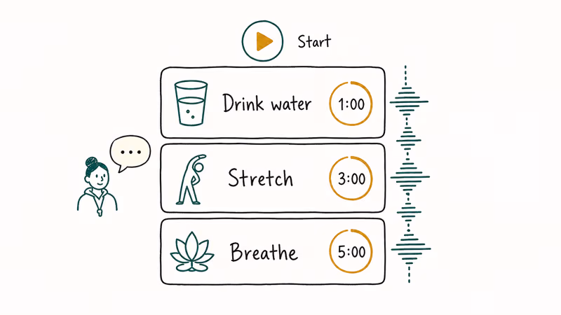 Stacked habit cards with audio waveform showing Fabulous morning routine timers