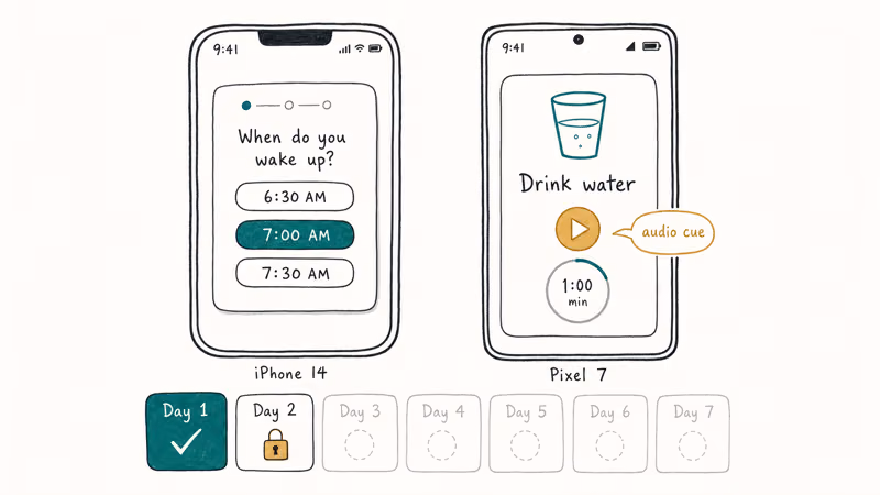Hand-drawn iPhone and Pixel phones showing Fabulous onboarding with first-day water habit