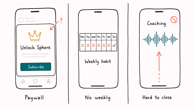 Three panels showing Fabulous paywall friction and unclear close gestures