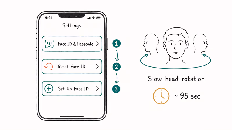 iPhone Settings screen highlighting Face ID reset and re-enrollment steps with timing note.