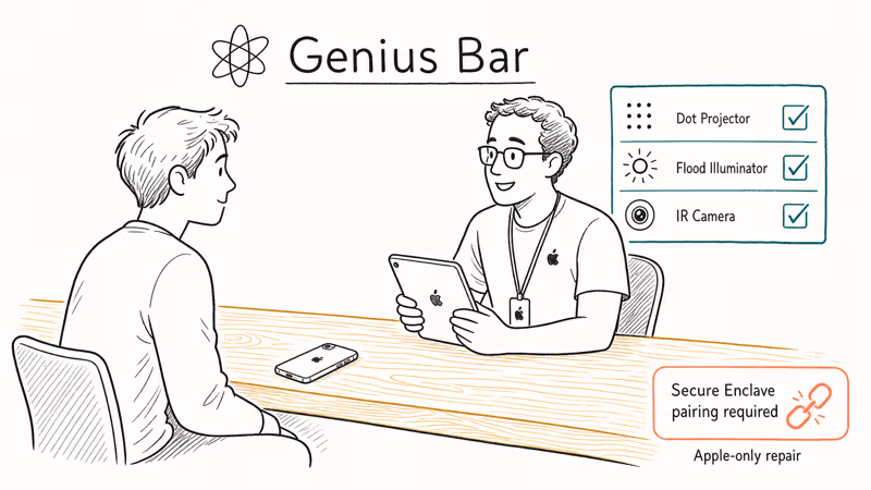 Genius Bar scene showing technician running TrueDepth diagnostic on iPhone with three test components.