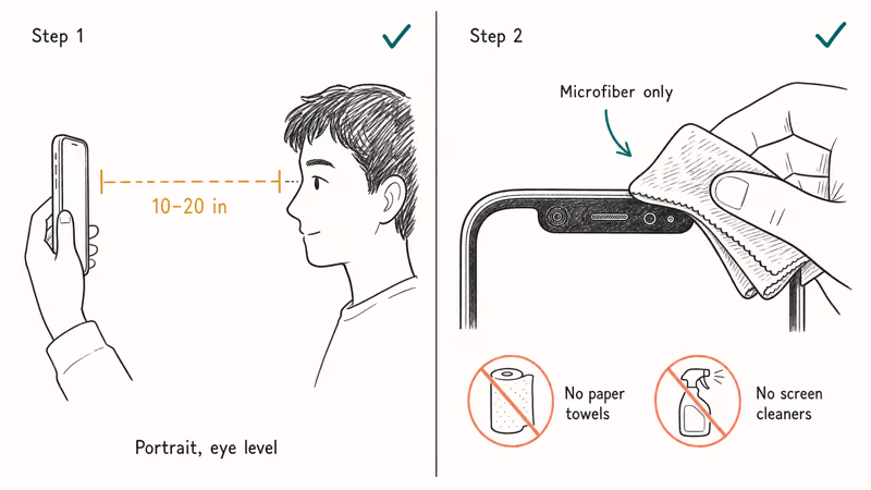 Two-panel illustration showing correct iPhone holding distance and wiping TrueDepth camera with microfiber cloth.