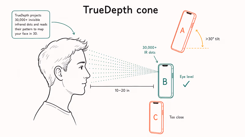 Diagram showing TrueDepth viewing cone with correct and incorrect iPhone positions for Face ID.