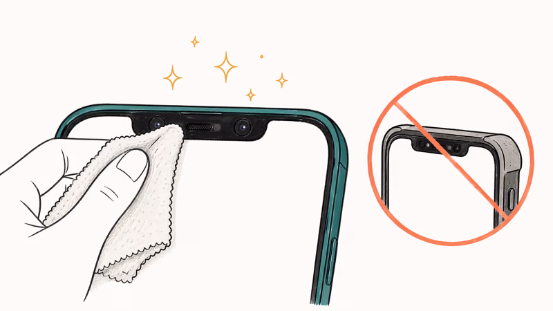 Hand cleaning iPhone TrueDepth camera notch with microfiber cloth and sensor labels