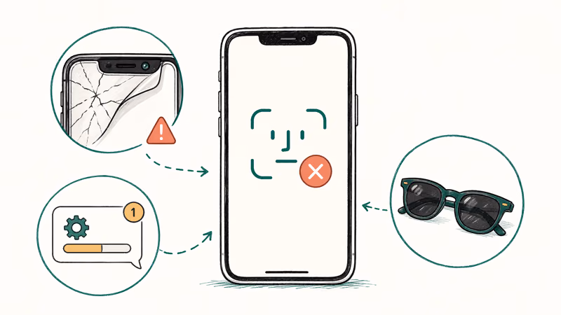 iPhone TrueDepth camera highlighted with icons showing common Face ID failure causes