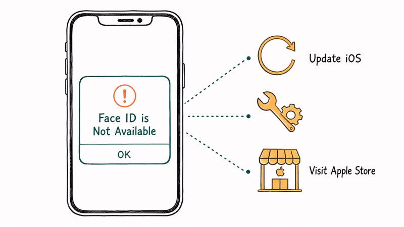 iPhone showing Face ID not available alert with three troubleshooting paths below