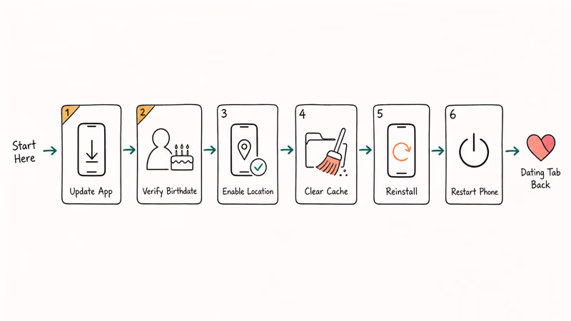 Hand-drawn flowchart showing the recommended order for Facebook Dating fixes from app update to restart.