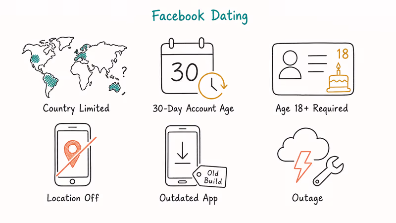 Hand-drawn infographic showing six silent eligibility triggers that hide the Facebook Dating tab.