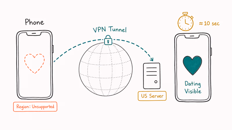 Phone using VPN tunnel to US server for Facebook Dating access