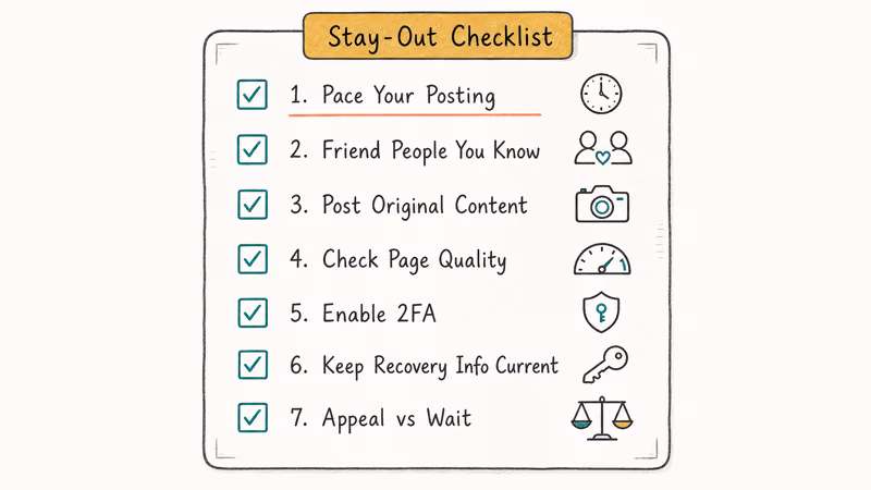 Notebook-style checklist showing seven habits that keep Facebook accounts out of automated restriction