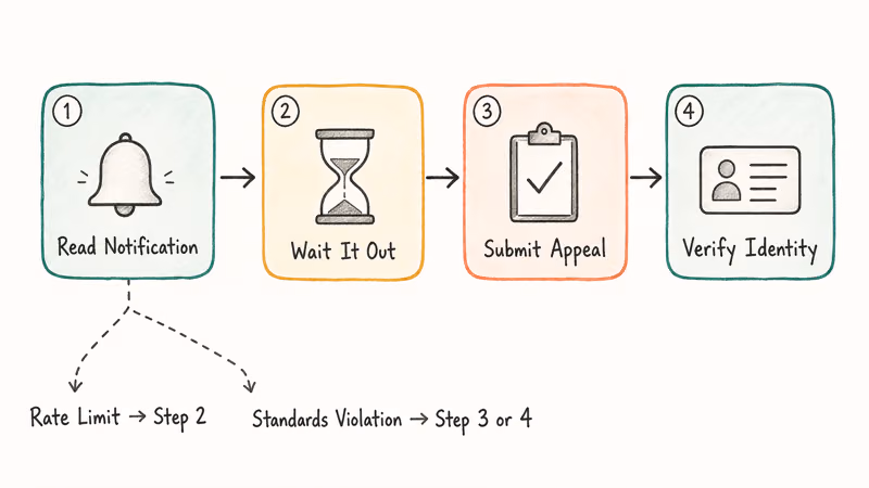 Four-step flowchart for reading, waiting, appealing, or verifying Facebook restrictions