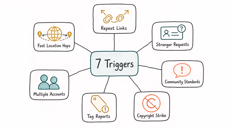 Hub-and-spoke infographic showing seven common triggers that cause Facebook to restrict an account automatically