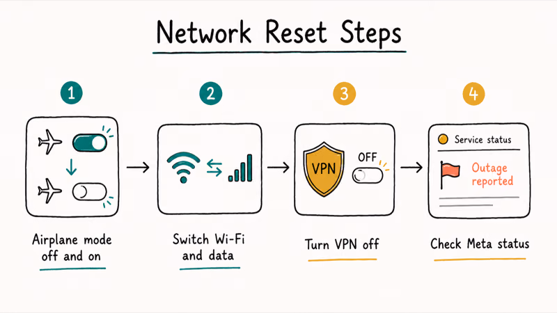 Network reset sequence for Messenger showing airplane mode toggle, Wi-Fi switch, and VPN turned off