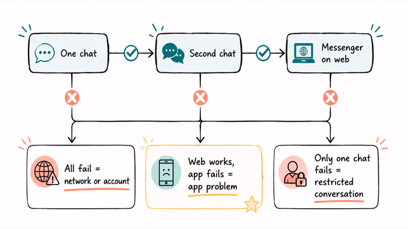Diagram mapping the one-chat, second-chat, and web Messenger test to pinpoint where sending fails
