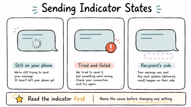 Hand-drawn Messenger send indicators showing spinning gray circle, red exclamation, and missing delivered label