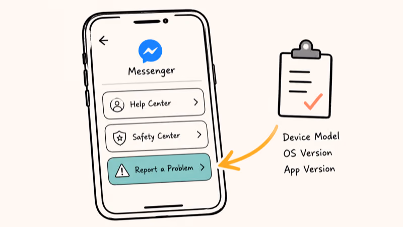 Phone screen highlighting the Report a Problem button in Messenger settings