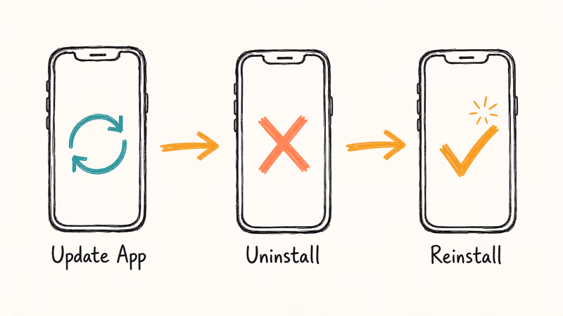 Three-step crash recovery flow showing update then uninstall then reinstall