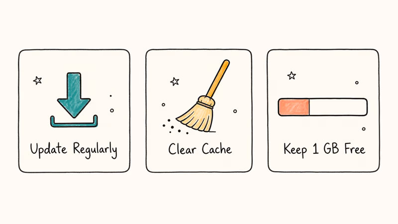 Three prevention cards showing update regularly clear cache and keep storage free
