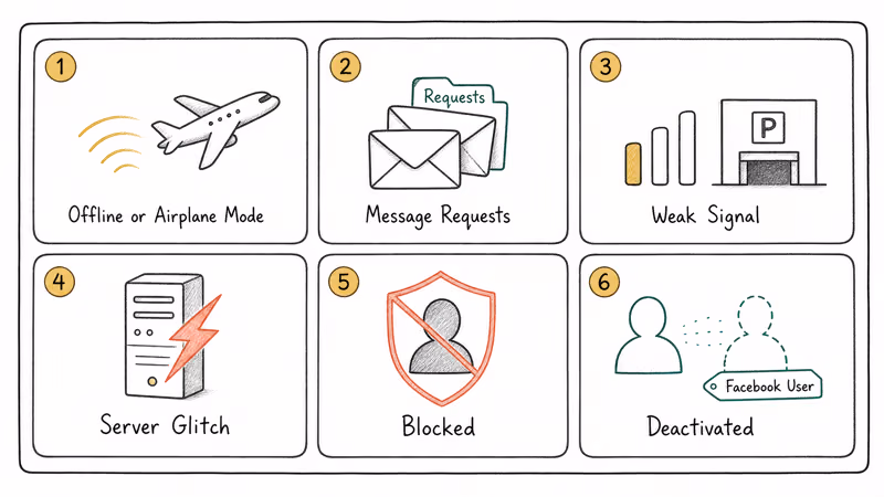 Grid of six common reasons messages stay stuck on sent but not delivered