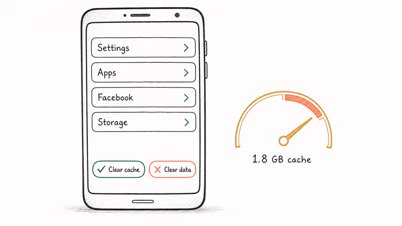 Android phone showing Facebook storage menu with Clear cache highlighted