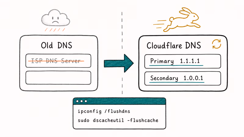 DNS settings panel swapping ISP server for Cloudflare with flush commands