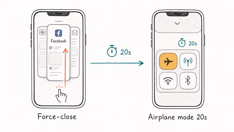 iPhone showing app switcher swipe and airplane mode timer for Facebook fixes