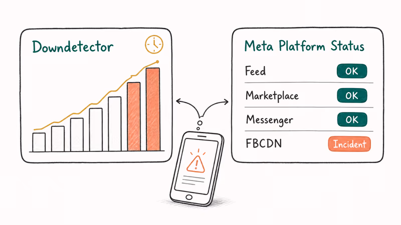 Dashboard showing Downdetector spike and Meta status list with FBCDN incident