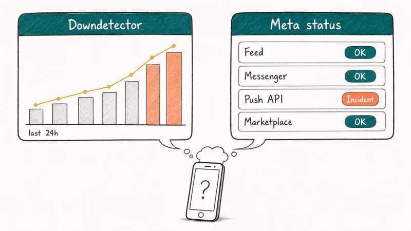Downdetector spike beside Meta status list with Push API incident