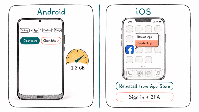 Hand-drawn split panel showing Android cache clear menu and iPhone reinstall sequence