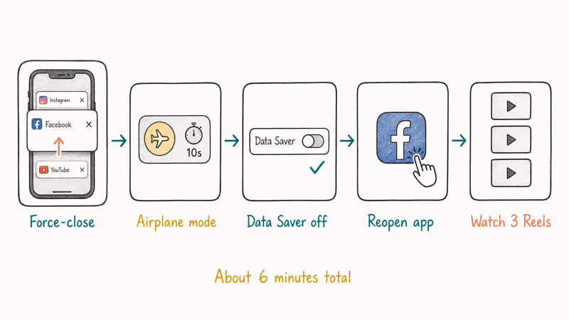 Hand-drawn five step sequence force-close airplane data saver reopen and watch Reels