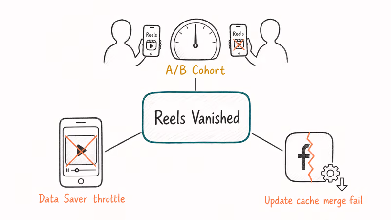 Hand-drawn diagnostic chart showing three causes of Facebook Reels vanishing from feed