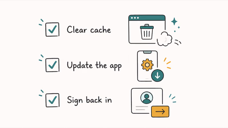 Checklist of quick fixes for a session expired error like clearing cache and signing back in