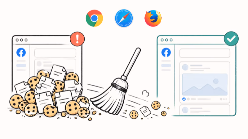 Browser cache clearing process showing cookies swept away and Facebook reloading clean