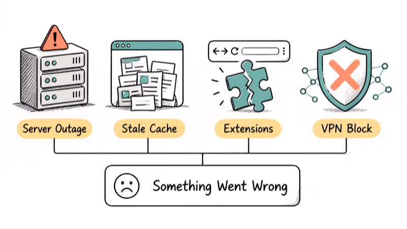 Four root causes of Facebook error shown as icons server cache extensions VPN