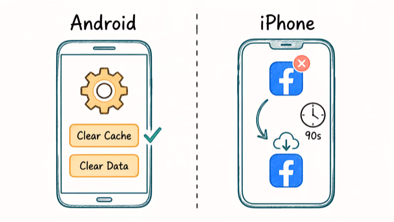 Android clear cache versus iPhone reinstall paths for fixing Facebook app error
