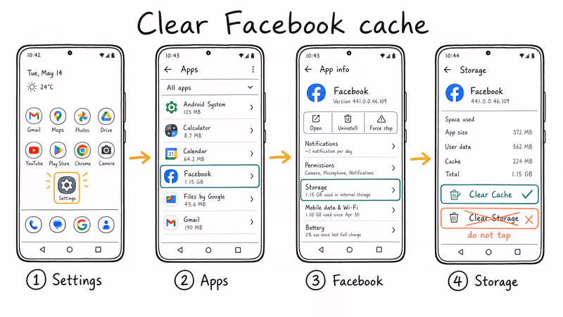 Android panels showing Settings Apps Facebook Storage and Clear Cache path