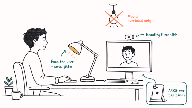 Hand-drawn desk setup illustrating proper lamp placement webcam settings and iPhone ARKit connection