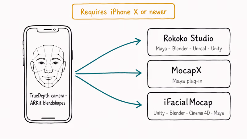 Hand-drawn diagram showing iPhone TrueDepth ARKit data flowing into Rokoko MocapX and iFacialMocap pipelines